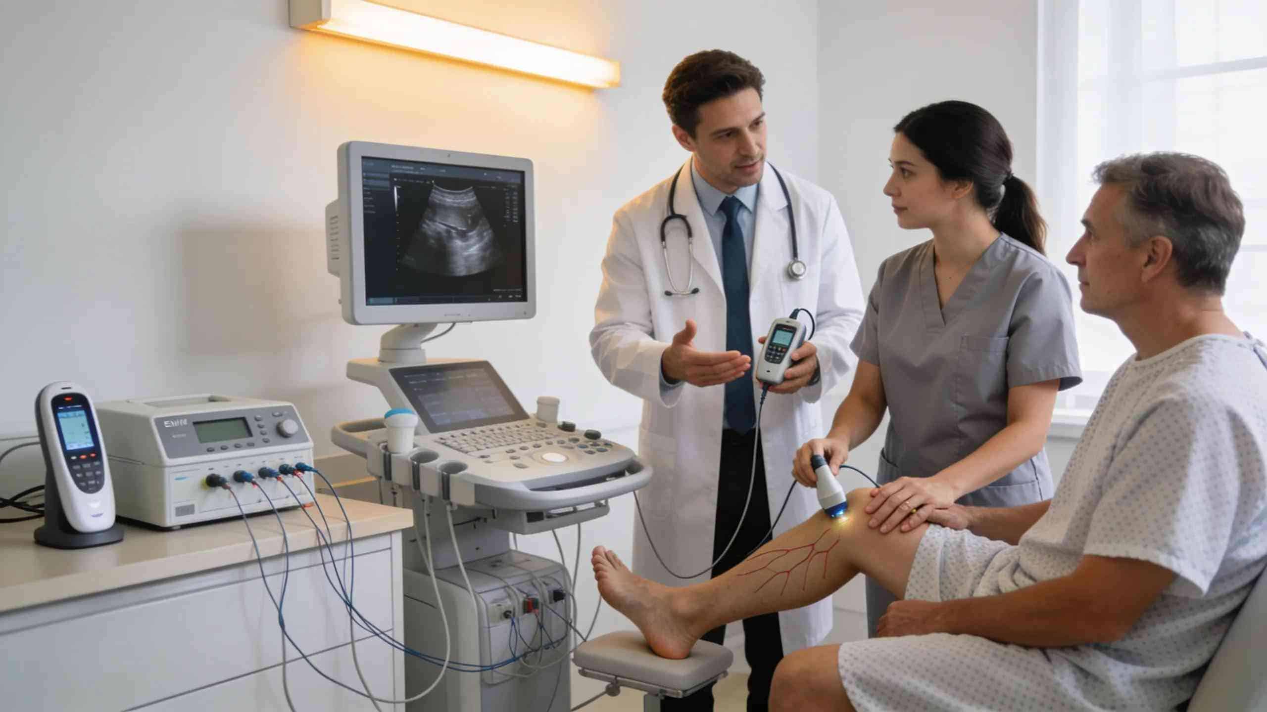 Healthcare professionals diagnosing neuropathy with advanced medical tools in a clinical environment