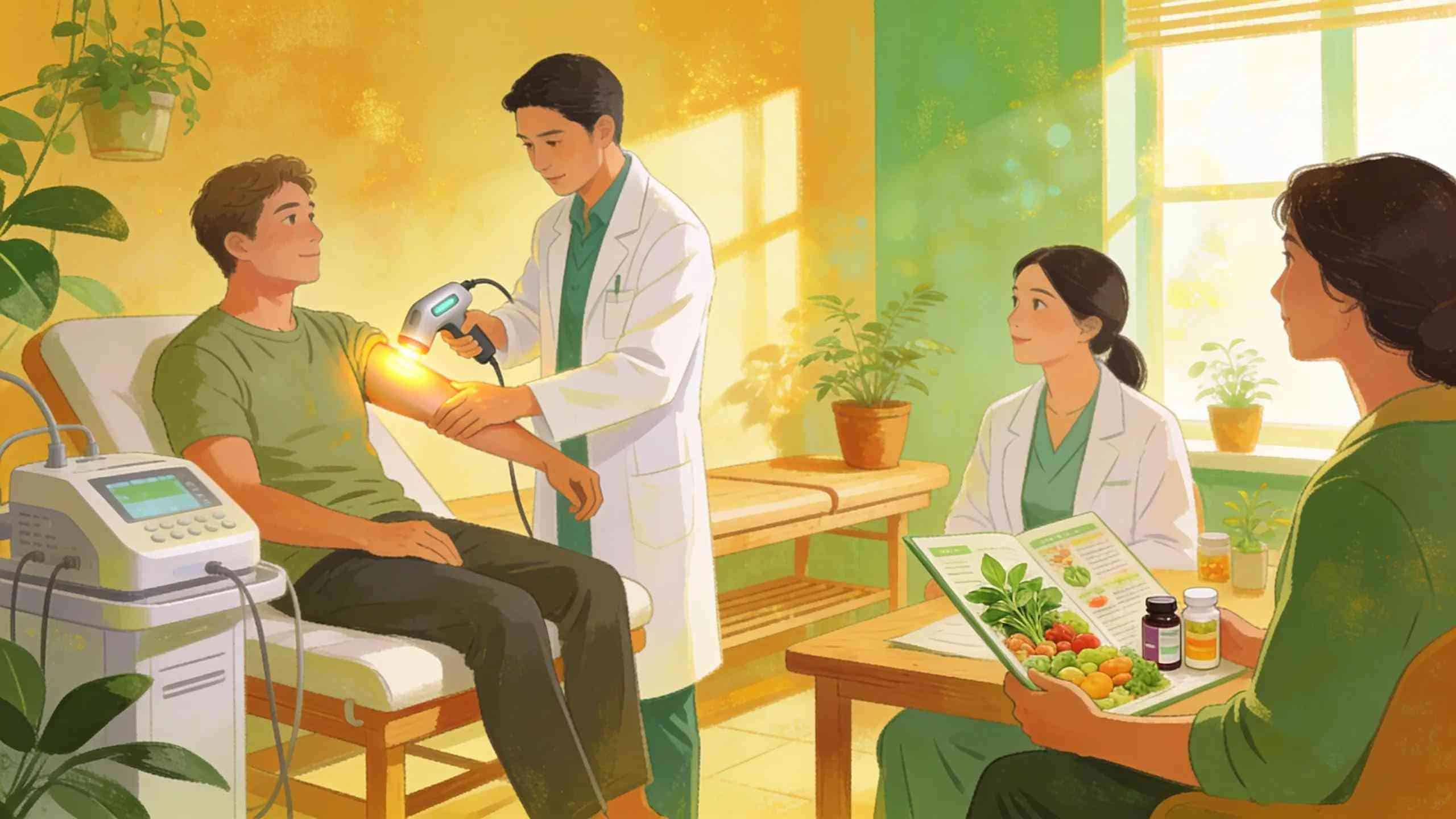 Natural neuropathy therapies including light therapy and nutrition counseling in a supportive treatment environment